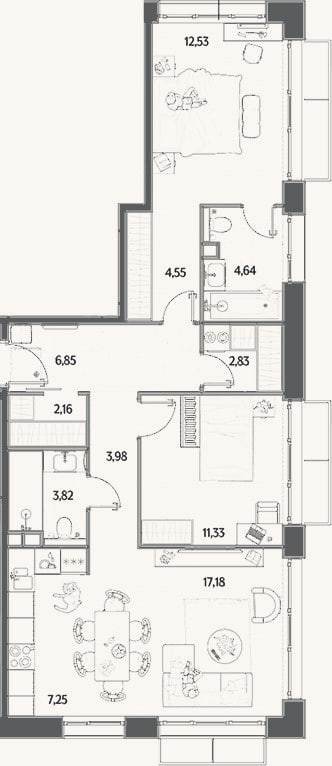 Планировка: 3-к, 77,1 м²