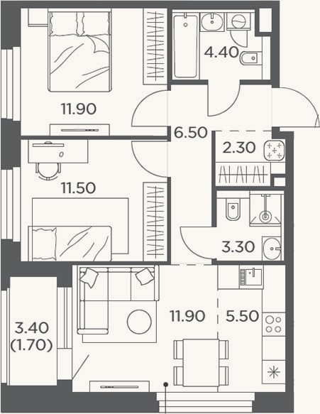 Планировка: 3-к, 57,2 м²