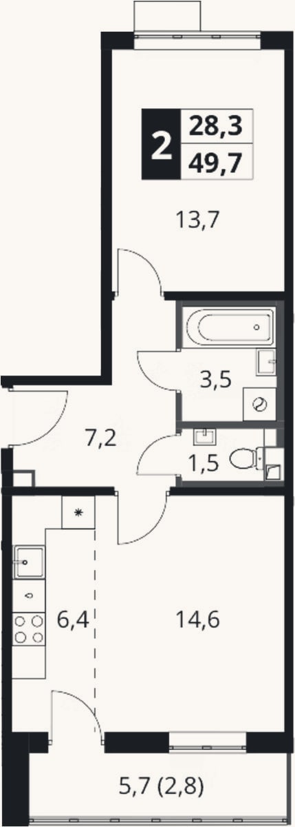 Планировка: 2-к, 46,9 м²