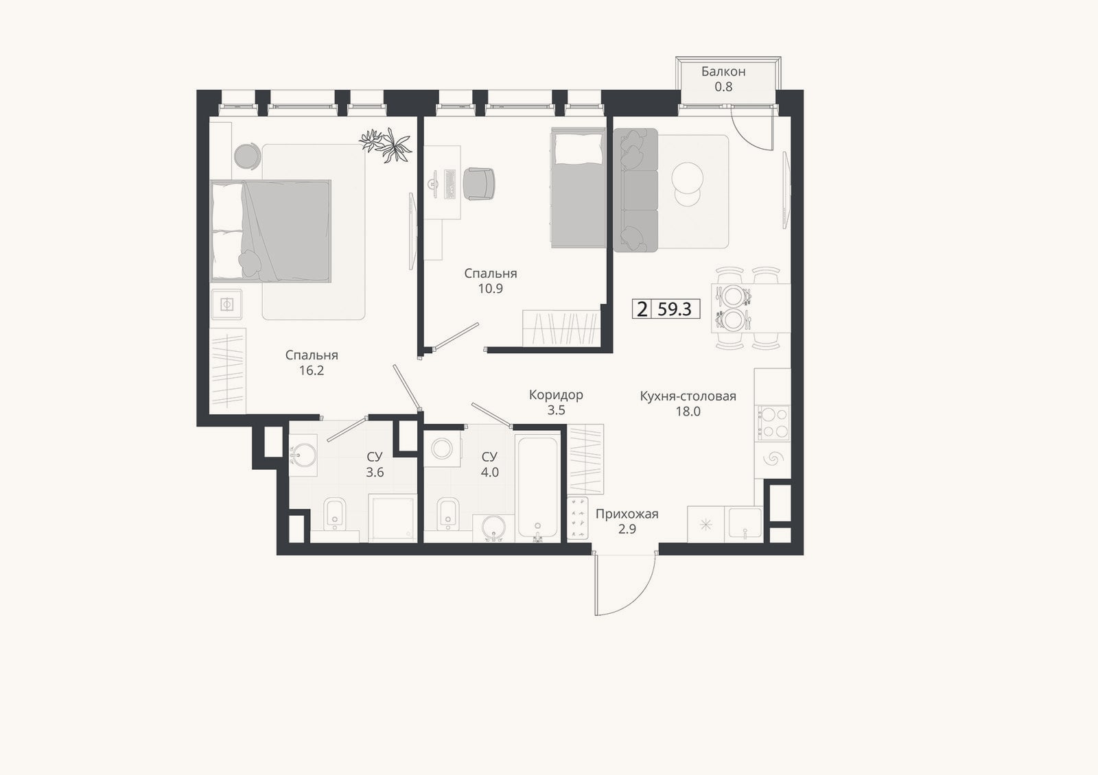 Планировка: 3-к, 59,1 м²
