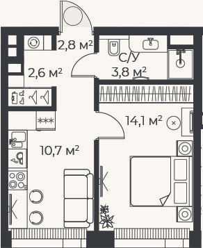 Планировка: 1-к, 34 м²
