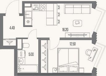 Планировка: 1-к, 38,1 м²