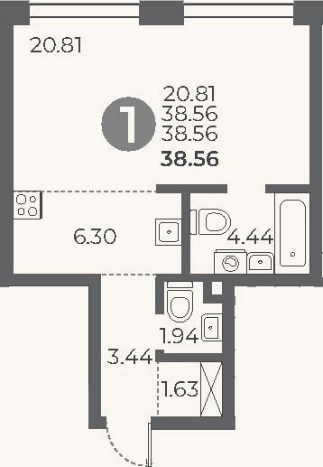 Планировка: Студия, 38,6 м²