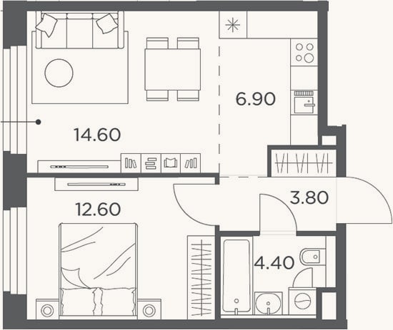 Планировка: 2-к, 42,3 м²