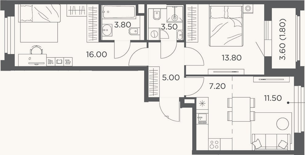 Планировка: 3-к, 60,8 м²