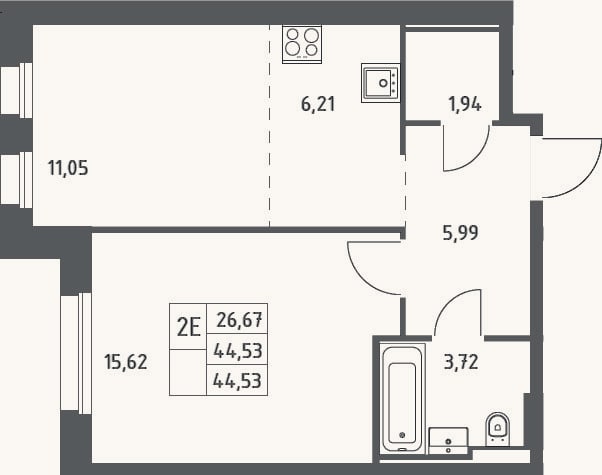 Планировка: 2-к, 44,5 м²