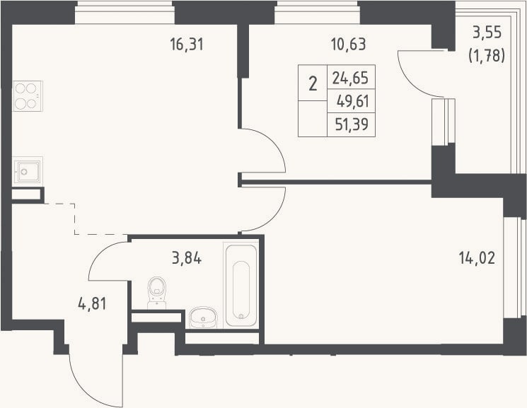 Планировка: 3-к, 49,6 м²