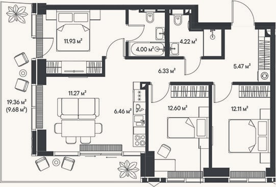 Планировка: 4+ к, 74,4 м²