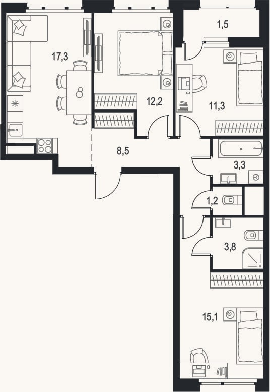 Планировка: 3-к, 72,7 м²