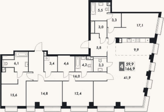 Планировка: 4+ к, 166,9 м²