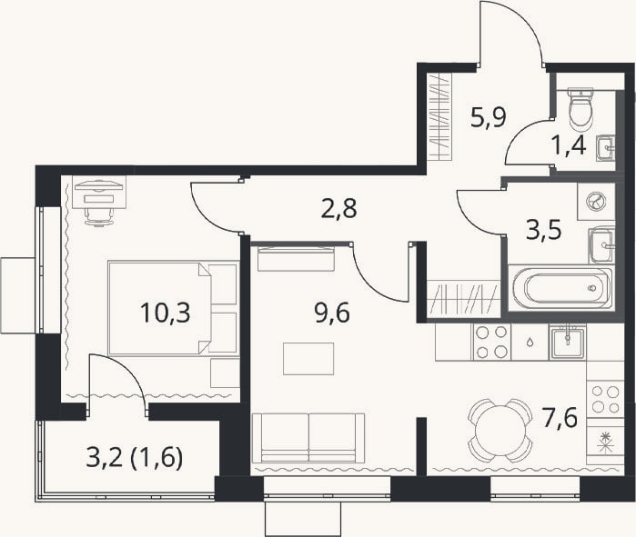 Планировка: 2-к, 41,1 м²