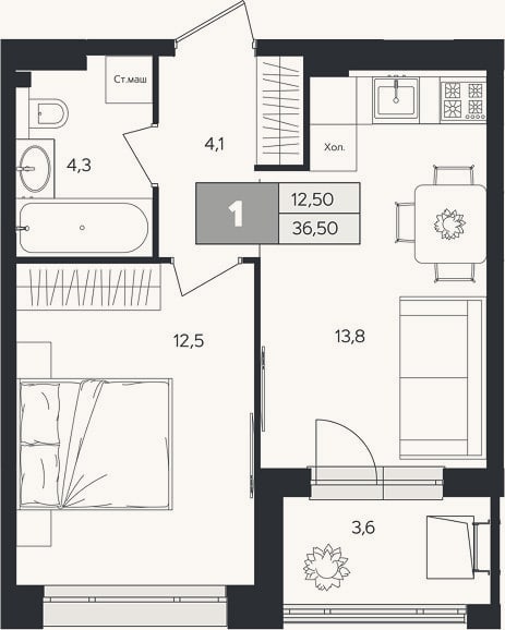 Планировка: 1-к, 34,7 м²