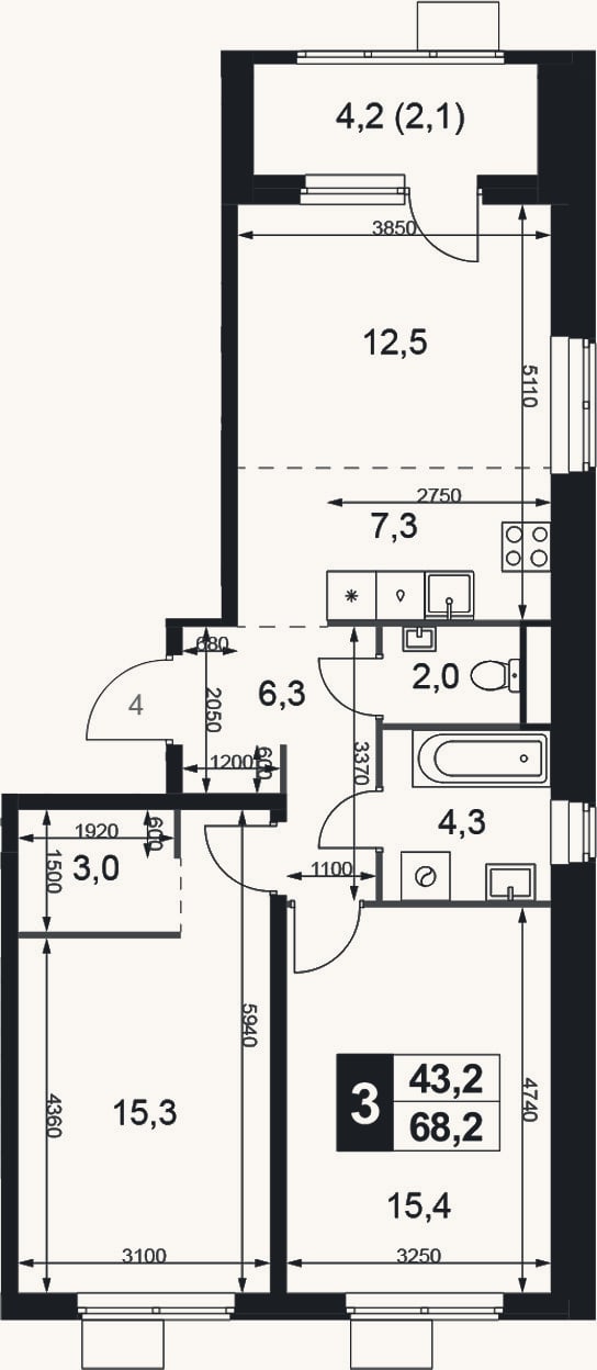 Планировка: 3-к, 66,1 м²