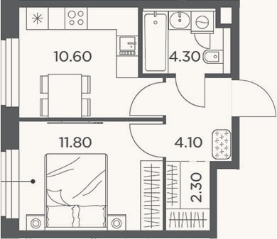 Планировка: 1-к, 33,1 м²