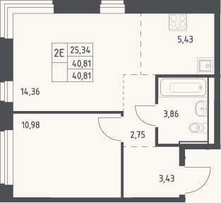 Планировка: 2-к, 40,8 м²