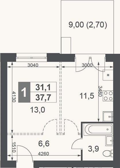 Планировка: Студия, 35 м²