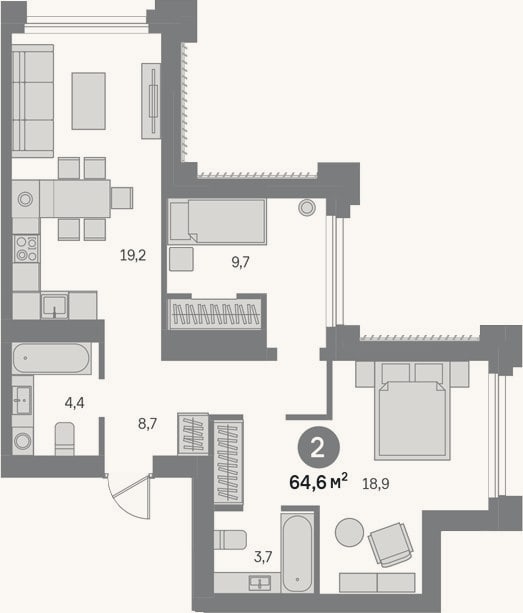 Планировка: 2-к, 64,6 м²