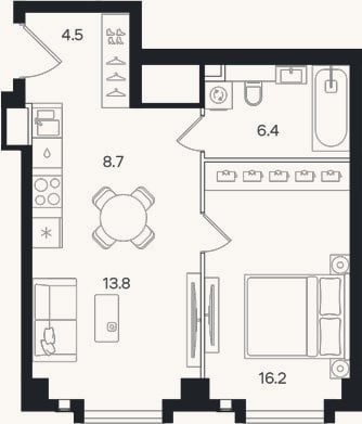 Планировка: 2-к, 49,6 м²