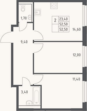 Планировка: 2-к, 52,5 м²