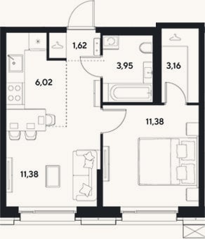 Планировка: 2-к, 37,5 м²