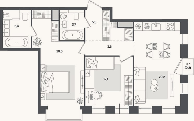Планировка: 3-к, 71,1 м²
