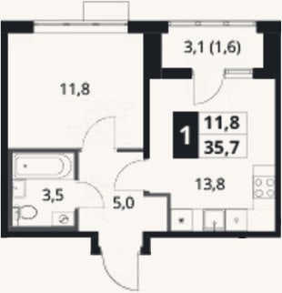 Планировка: 1-к, 34,1 м²