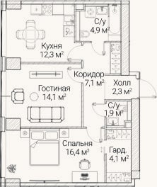 Планировка: 2-к, 62,6 м²