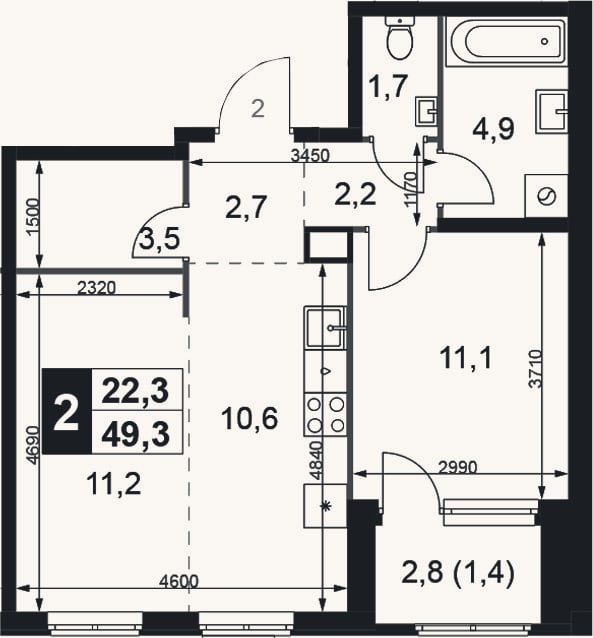 Планировка: 2-к, 47,9 м²