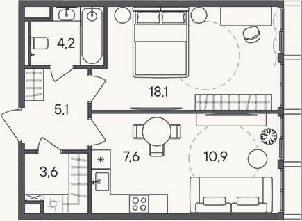 Планировка: 2-к, 49,5 м²