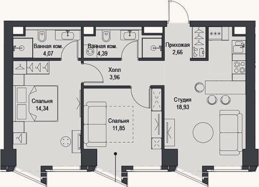 Планировка: 3-к, 60,2 м²