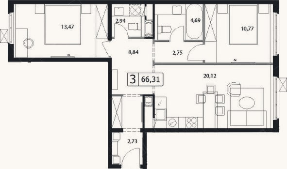 Планировка: 3-к, 66,3 м²