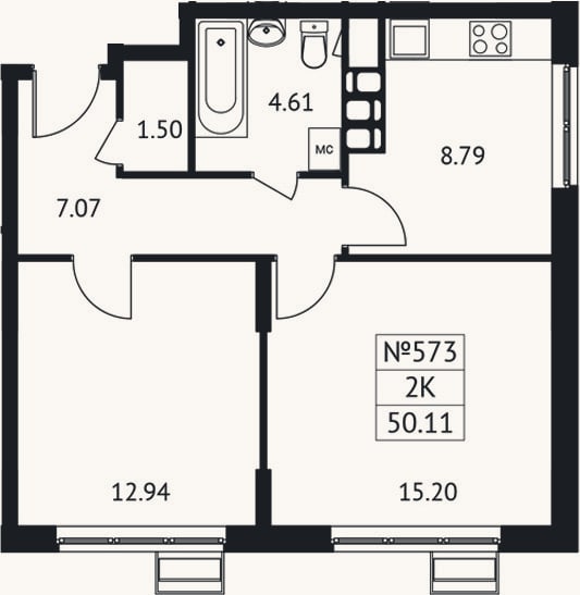 Планировка: 2-к, 50,1 м²