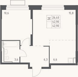 Планировка: 2-к, 42,9 м²