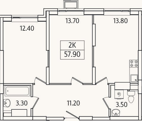 Планировка: 2-к, 57,9 м²