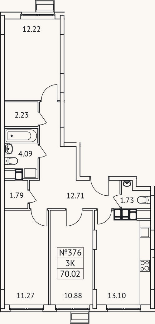 Планировка: 3-к, 70 м²