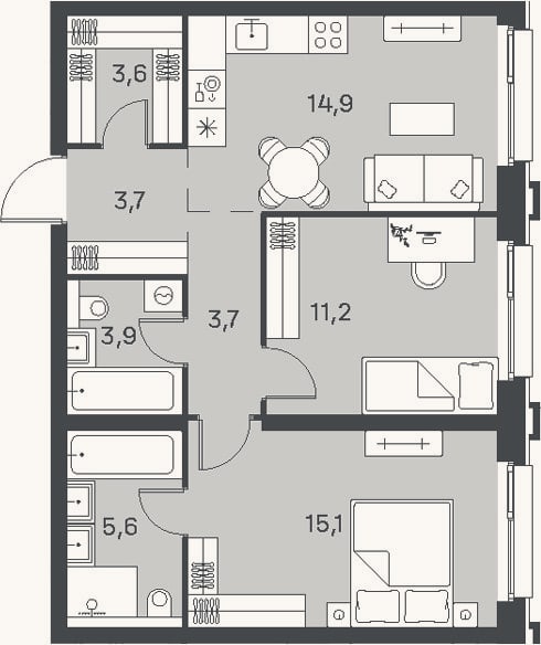 Планировка: 3-к, 61,7 м²