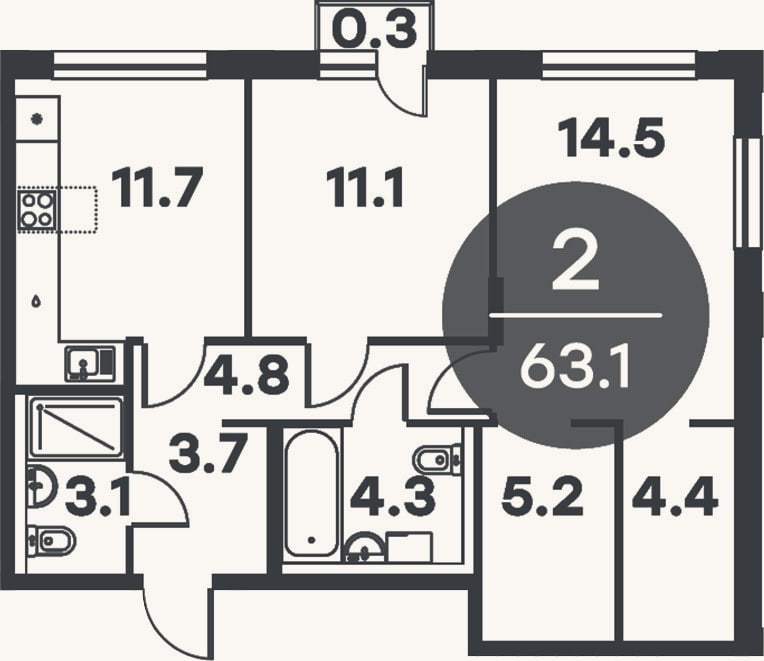 Планировка: 2-к, 62,8 м²
