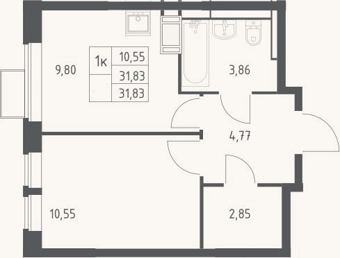 Планировка: 1-к, 31,8 м²
