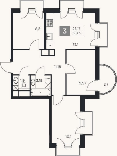 Планировка: 3-к, 58,1 м²
