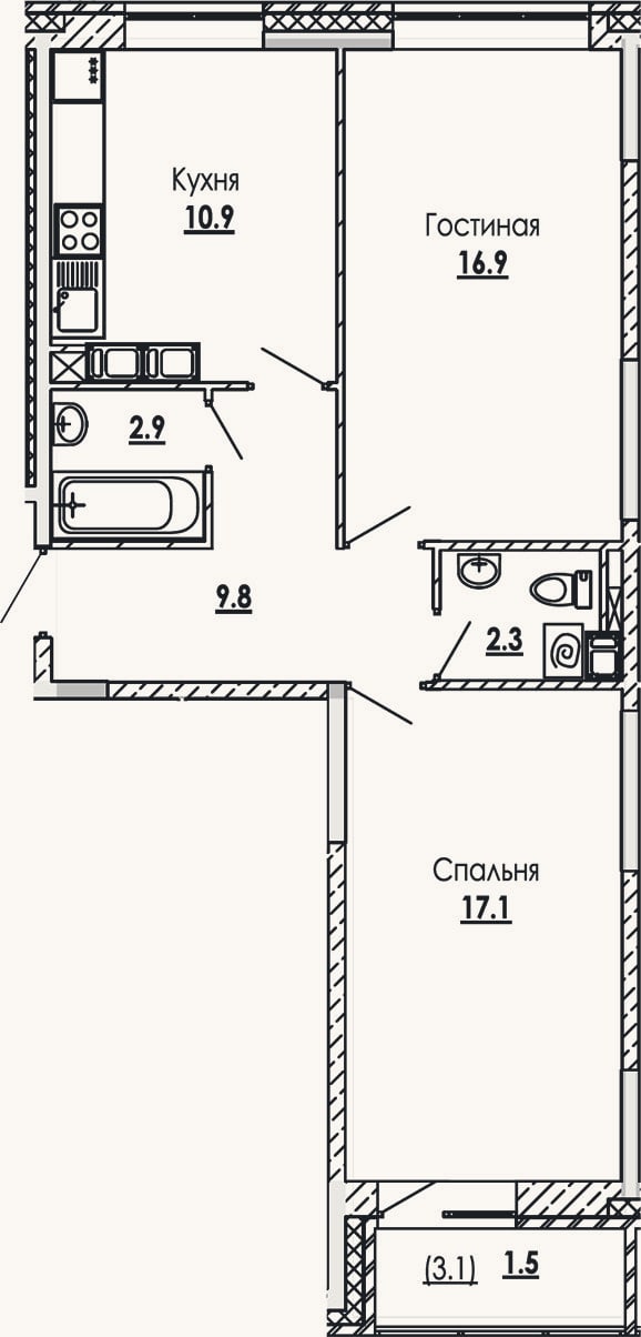Планировка: 2-к, 59,9 м²