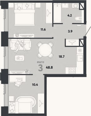 Планировка: 3-к, 48,8 м²