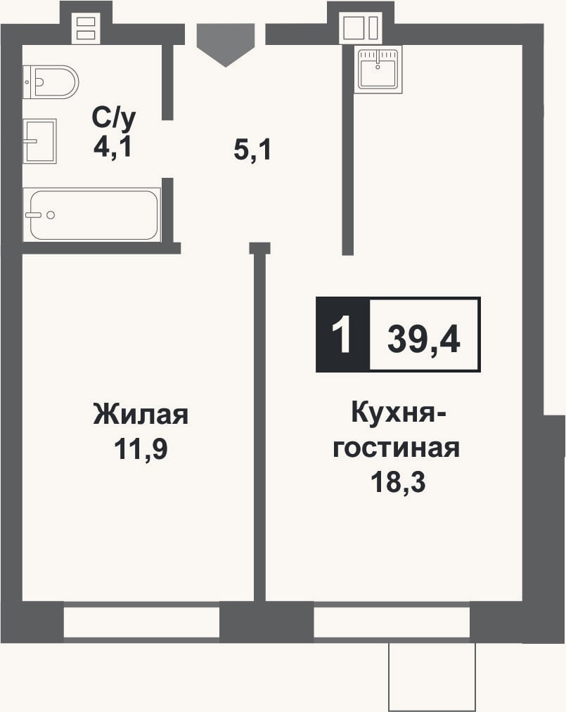 Планировка: 2-к, 39,4 м²