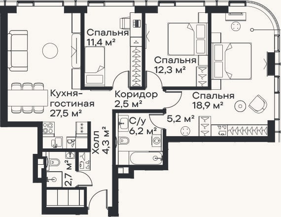 Планировка: 4+ к, 91 м²