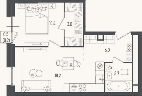 Планировка: 2-к, 42,1 м²