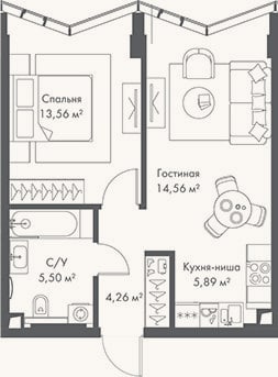 Планировка: 2-к, 43,8 м²