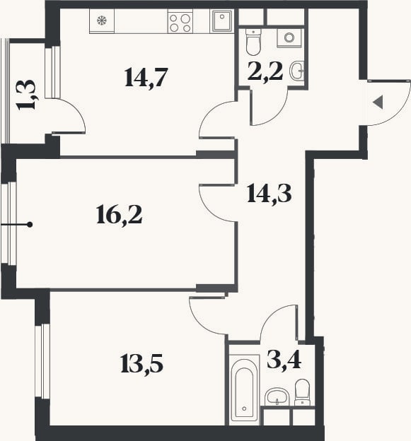 Планировка: 2-к, 63,5 м²