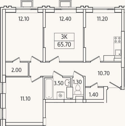 Планировка: 3-к, 65,7 м²