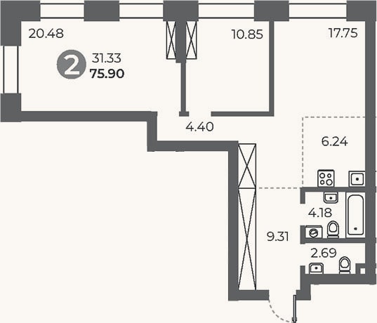 Планировка: 2-к, 75,9 м²