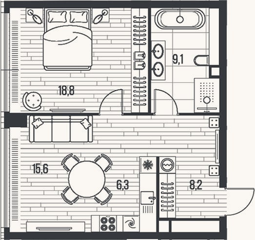 Планировка: 2-к, 58 м²