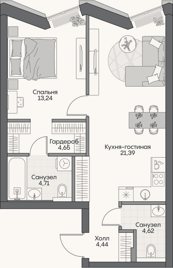 Планировка: 2-к, 52,7 м²